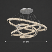 Żyrandol LED z pilotem PRISM Luminis, kryształ i metal, 210 W, 4 kółka, możliwość przyciemniania, światło zimne/ciepłe/neutralne, luksusowe oświetlenie