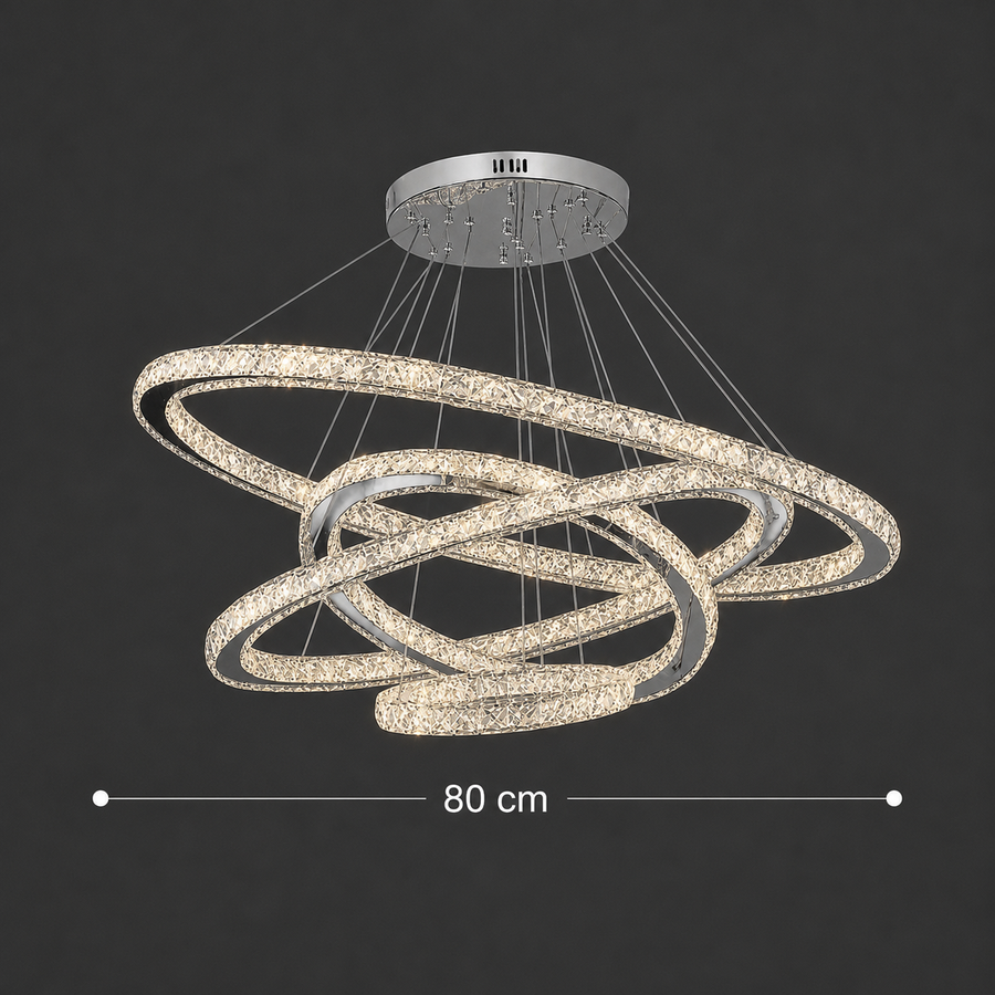 Żyrandol LED z pilotem PRISM Luminis, kryształ i metal, 210 W, 4 kółka, możliwość przyciemniania, światło zimne/ciepłe/neutralne, luksusowe oświetlenie