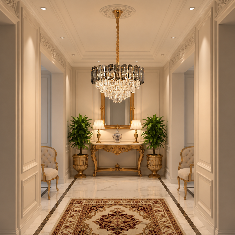 Candelabru Cristal AURUM Petito 3xE14, Diametru 30cm, Inaltime 28cm, Auriu Lucios, Inaltime Reglabila, Design Elegant