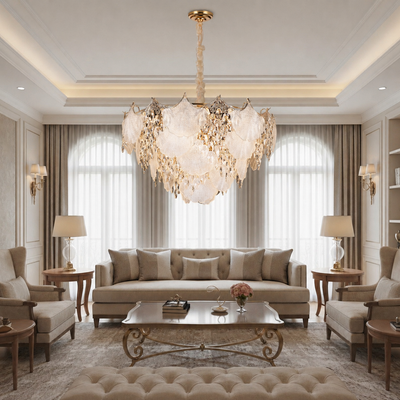 Candelabru Cristal LUXE Regalis, 21xE14, Diametru 80cm, Inaltime 45cm, Auriu Lucios, Inaltime Reglabila, Design Elegant