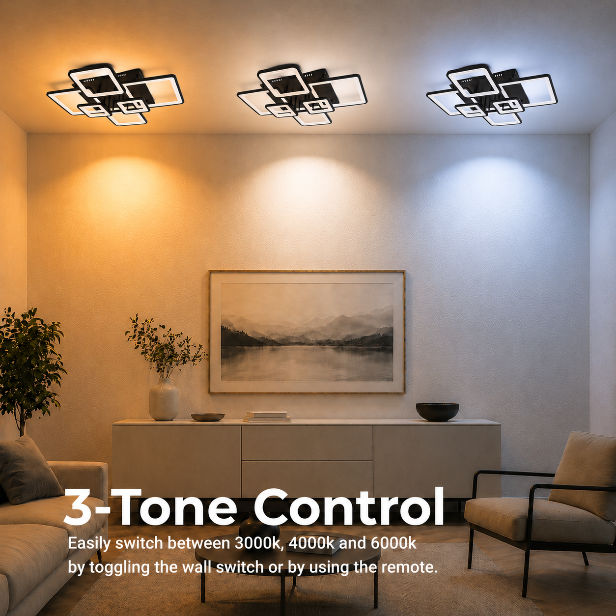 Żyrandol LED z pilotem ELLA 120W, 6 kwadratów, światło zimne/ciepłe/neutralne, możliwość przyciemniania, czarne, metalowe i akrylowe Żyrandole LED z pilotem Domyślny tytuł Alessandro Design