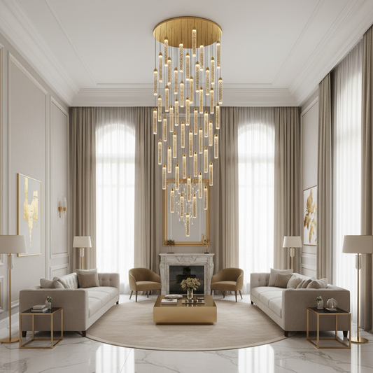 Zawieszany kryształowy żyrandol LED, Justynian, średnica 60 cm, regulowana wysokość, złoty, metal i kryształ