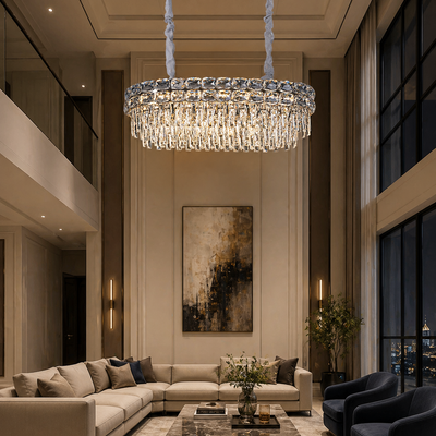 Candelabru Cristal LUCENT Regalis 28xE14, 85x35 cm, Auriu, Inaltime Reglabila, Metal si Cristal