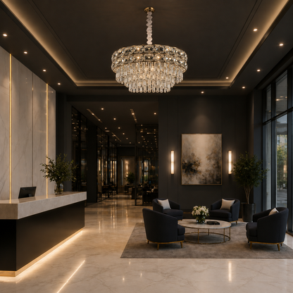 Candelabru Cristal LUCENT Magno 12xE14, D60 cm, Auriu, Inaltime Reglabila, Metal si Cristal