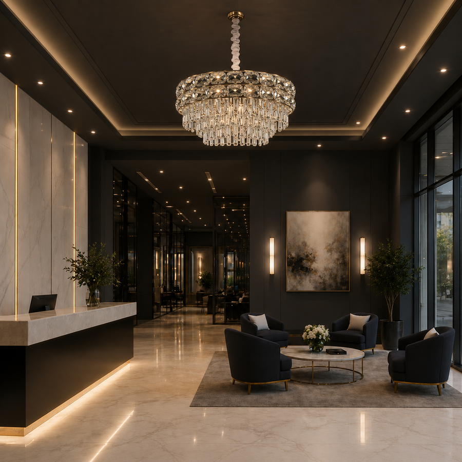 Candelabru Cristal LUCENT Eleganza 9xE14, D50 cm, Auriu, Inaltime Reglabila, Metal si Cristal