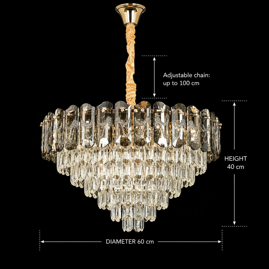 Żyrandol Kryształowy AURUM Magno 12xE14, średnica 60cm, wysokość 40cm, błyszczące złoto, regulowana wysokość, elegancki design