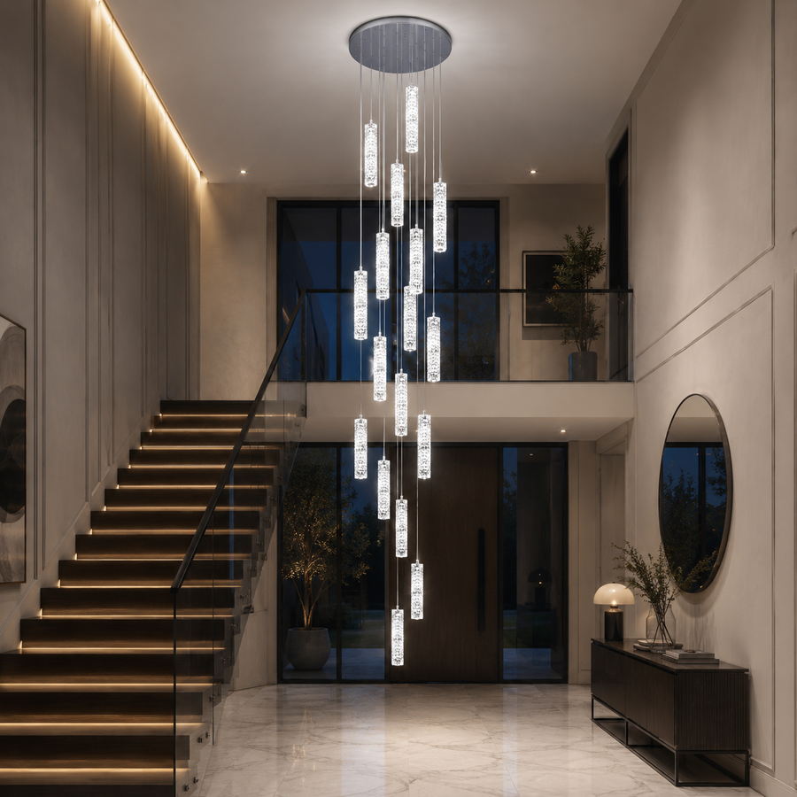 Żyrandol Kryształowy LED AMIRI 82W Chrom, Światło Ciepłe/Neutralne/Zimne 3000K/4000K/6000K Amiri, średnica 40cm x wysokość 300cm, kryształ i metal