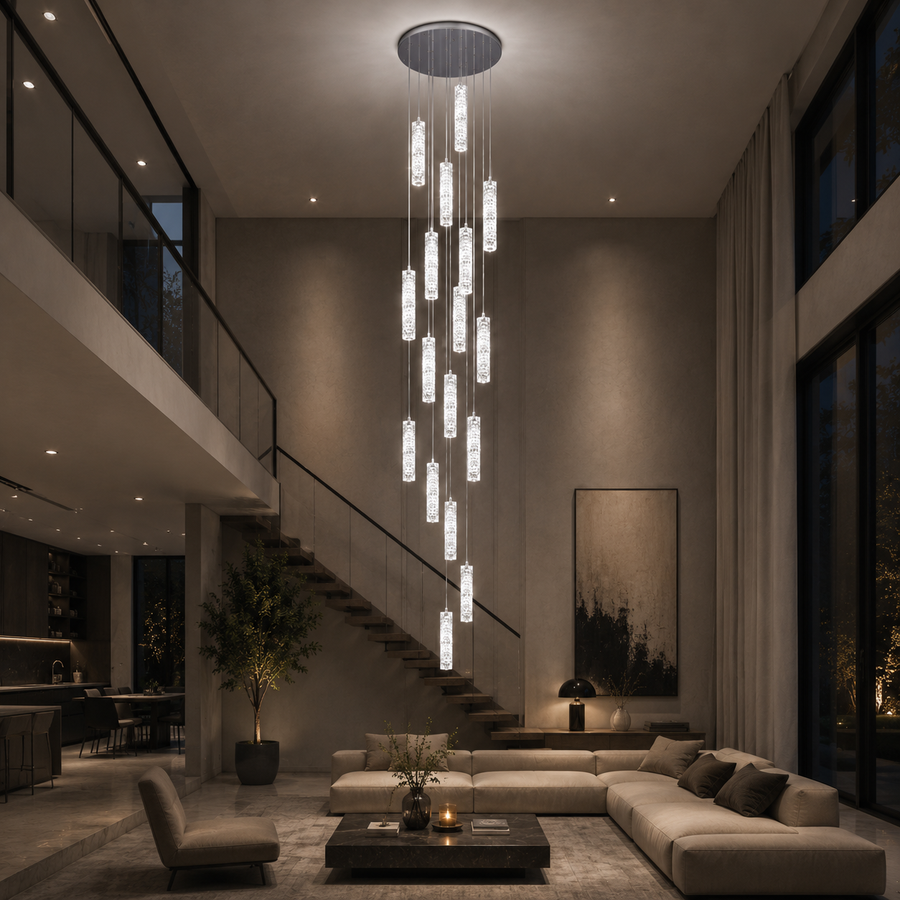 Żyrandol Kryształowy LED AMIRI 82W Chrom, Światło Ciepłe/Neutralne/Zimne 3000K/4000K/6000K Amiri, średnica 40cm x wysokość 300cm, kryształ i metal