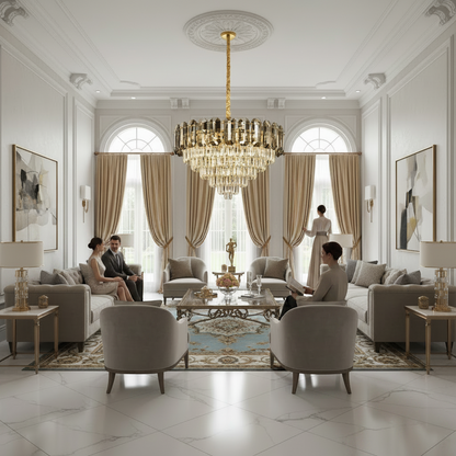 Żyrandol Kryształowy AURUM Magno 12xE14, Średnica 60 cm, Wysokość 40 cm, Błyszczące Złoto, Regulowana Wysokość, Elegancki Design Kryształowy Żyrandol Domyślny Tytuł Alessandro Design