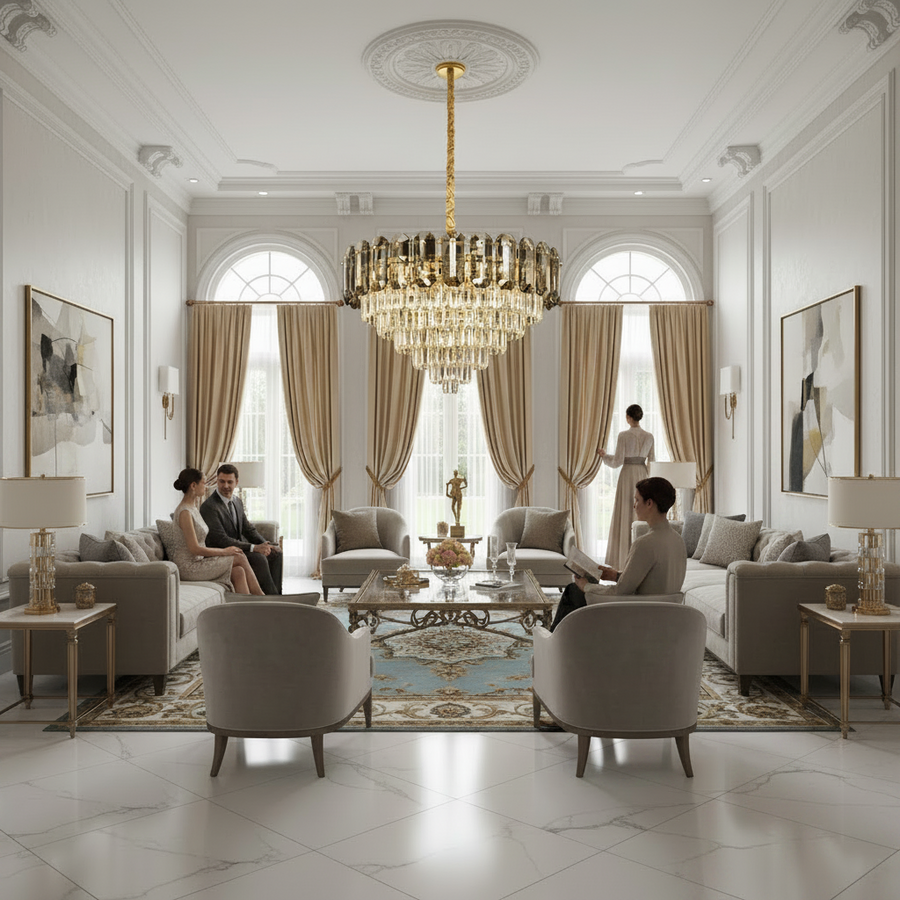 Żyrandol Kryształowy AURUM Magno 12xE14, Średnica 60 cm, Wysokość 40 cm, Błyszczące Złoto, Regulowana Wysokość, Elegancki Design Kryształowy Żyrandol Domyślny Tytuł Alessandro Design