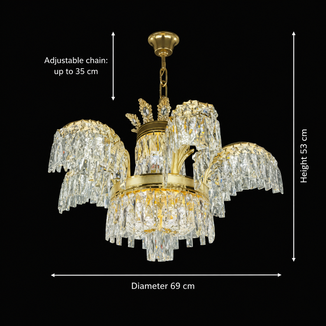 Candelabru Cristal PALACE, 6 brate, 12xG9, D69cm, Auriu Lucios, Inaltime Reglabila, Metal si Cristal Candelabre Cristal Default Title Alessandro Design