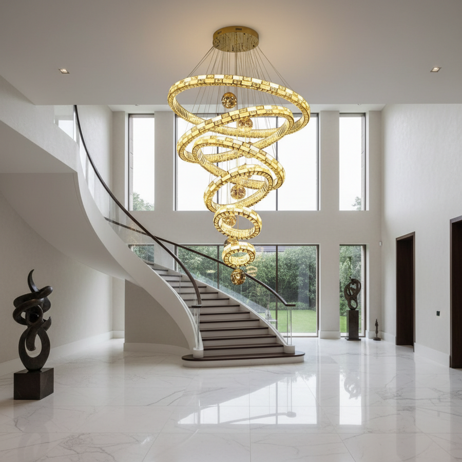 Candelabru Cristal cu Telecomanda RONDOS Supremo, 120x350cm, Lumina Calda/Neutra/Rece, Auriu, Metal si Cristal