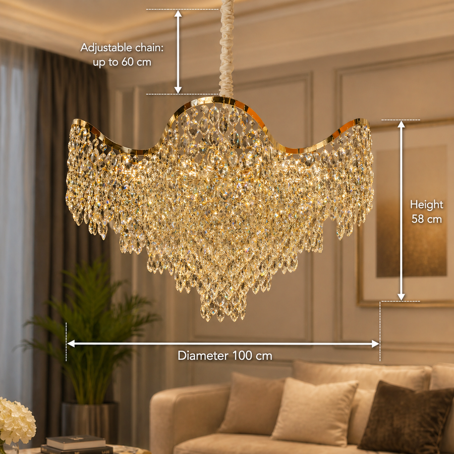 Świecznik Kryształowy VELOURA Supremo 28xE14, Ś100 cm, Złoty, Regulowana Wysokość, Metal i Kryształ Kandelabr Kryształowy Domyślny Tytuł Alessandro Design
