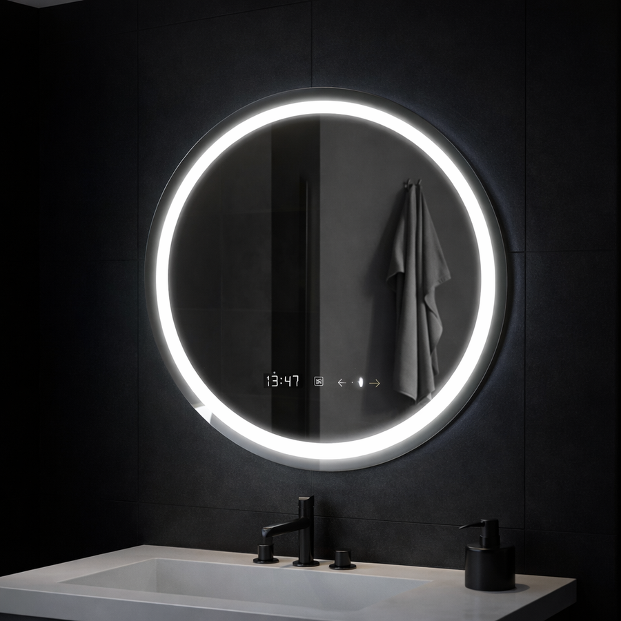 Okrągłe lustro LED, 70 cm, Celeste MotionGlow Marcello, system odmgławiania, zegar i termometr, możliwość przyciemniania, ciepłe, neutralne, zimne światło 3000 K/4000 K/6000 K Marcello Mirrors Domyślny tytuł Alessandro Design