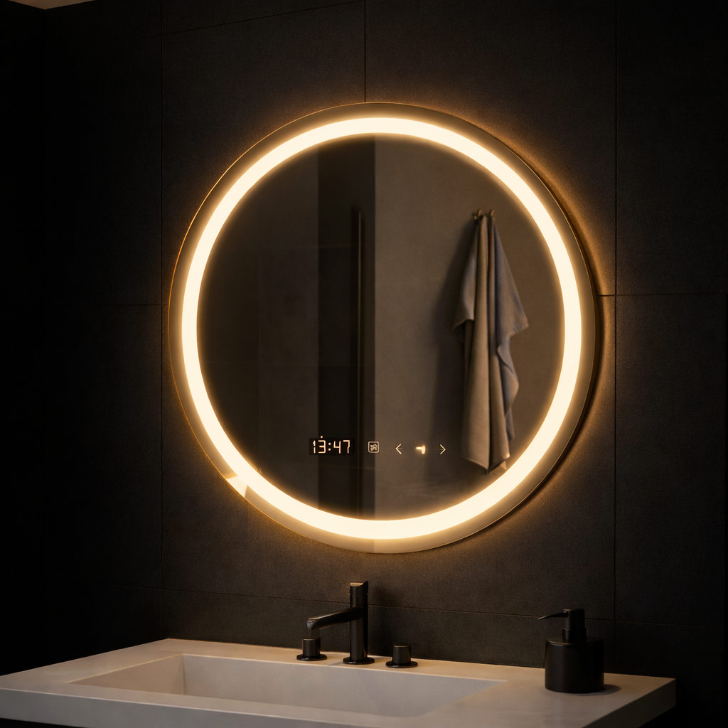 Okrągłe lustro LED, 70 cm, Celeste MotionGlow Marcello, system odmgławiania, zegar i termometr, możliwość przyciemniania, ciepłe, neutralne, zimne światło 3000 K/4000 K/6000 K Marcello Mirrors Domyślny tytuł Alessandro Design