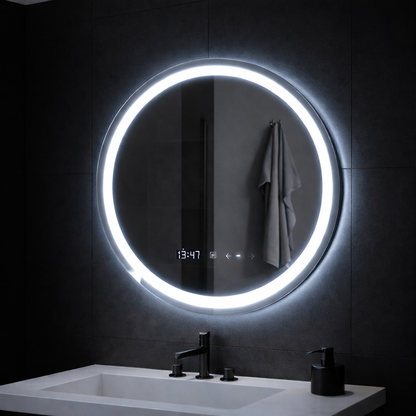 Okrągłe lustro LED, 70 cm, Celeste MotionGlow Marcello, system odmgławiania, zegar i termometr, możliwość przyciemniania, ciepłe, neutralne, zimne światło 3000 K/4000 K/6000 K Marcello Mirrors Domyślny tytuł Alessandro Design