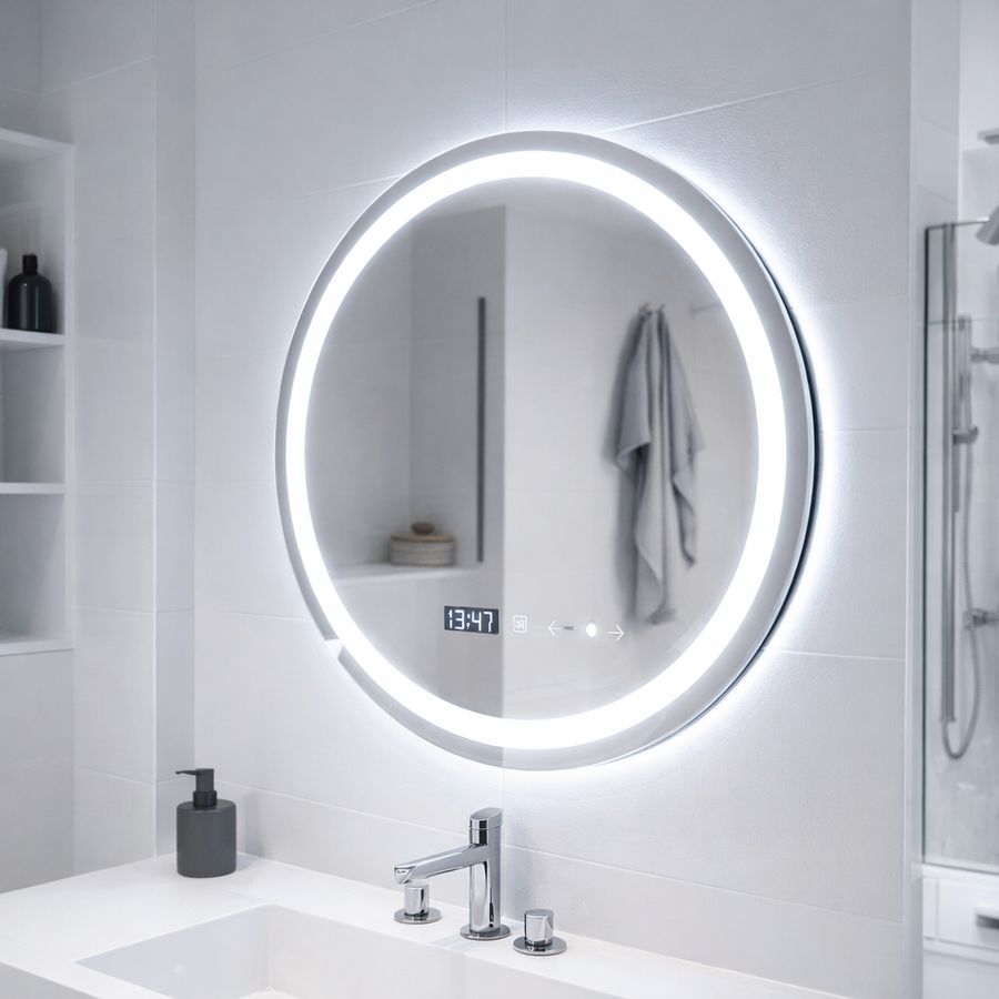 Okrągłe lustro LED, 70 cm, Celeste MotionGlow Marcello, system odmgławiania, zegar i termometr, możliwość przyciemniania, ciepłe, neutralne, zimne światło 3000 K/4000 K/6000 K Marcello Mirrors Domyślny tytuł Alessandro Design