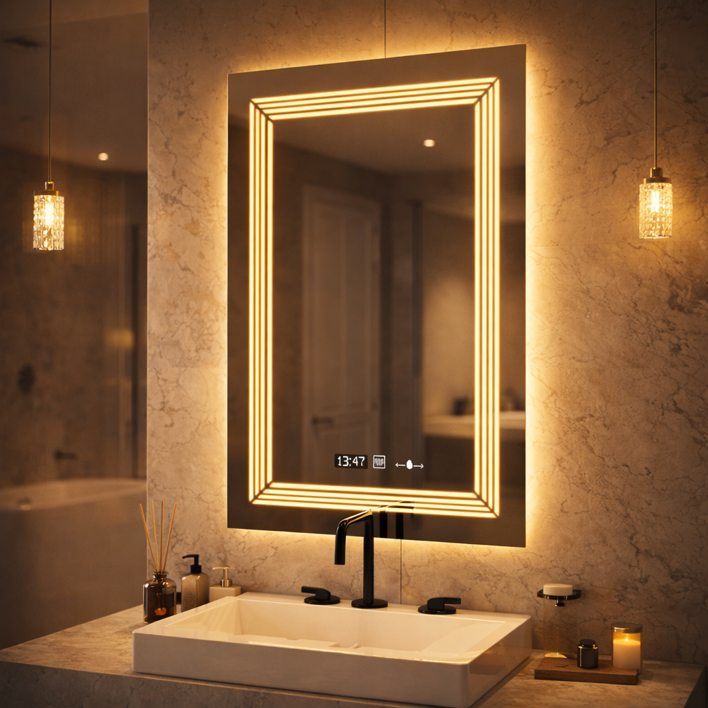 Prostokątne lustro LED, 60x80cm, czujnik światła Venezia Marcello, system przeciwmgielny, zegar i termometr, możliwość przyciemniania, ciepłe, neutralne, zimne światło 3000K/4000K/6000K Marcello Mirrors Domyślny tytuł Alessandro Design