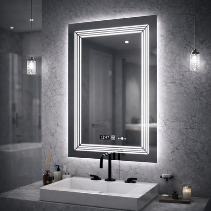 Prostokątne lustro LED, 60x80cm, czujnik światła Venezia Marcello, system przeciwmgielny, zegar i termometr, możliwość przyciemniania, ciepłe, neutralne, zimne światło 3000K/4000K/6000K Marcello Mirrors Domyślny tytuł Alessandro Design