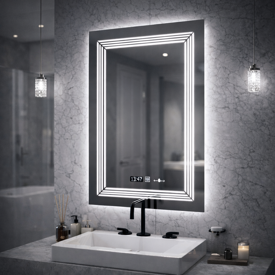 Prostokątne lustro LED, 60x80cm, czujnik światła Venezia Marcello, system przeciwmgielny, zegar i termometr, możliwość przyciemniania, ciepłe, neutralne, zimne światło 3000K/4000K/6000K Marcello Mirrors Domyślny tytuł Alessandro Design