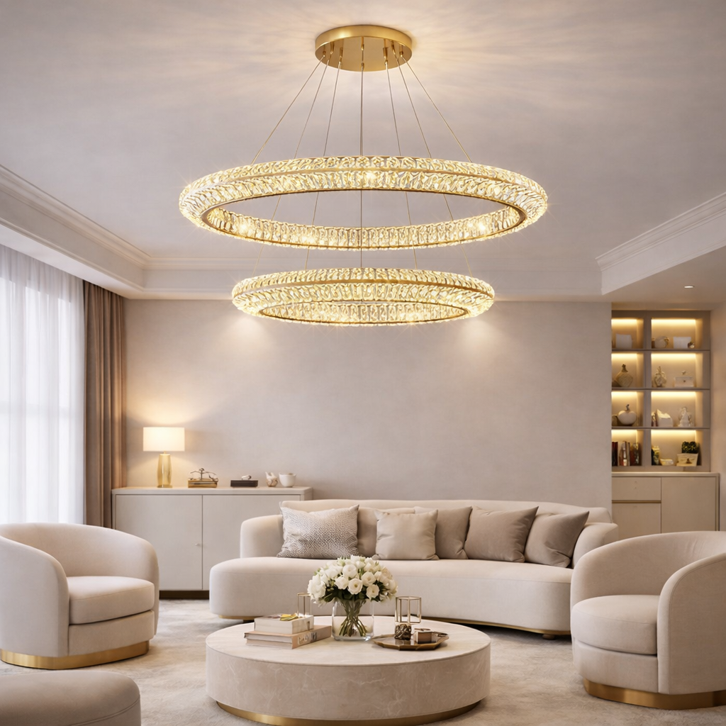 Żyrandol LED z pilotem, LLC132/300GD, kryształ i metal, 37W, 2 koła, możliwość przyciemniania, 3000K/4000K/6000K, luksusowe oświetlenie Żyrandole LED z pilotem Domyślny tytuł Alessandro Design