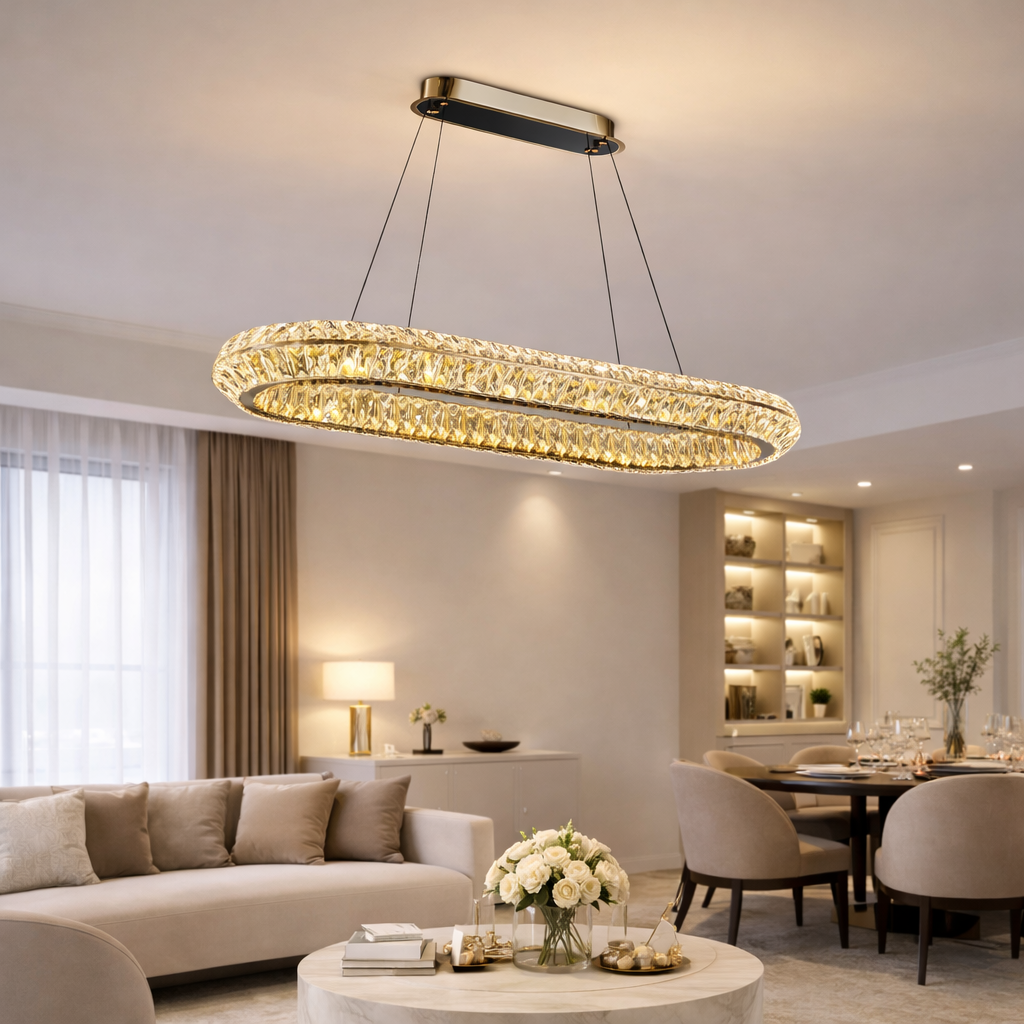 Żyrandol LED z pilotem, LLC132/900X300GD, kryształ i metal, 39W, 1 koło, możliwość przyciemniania, regulowana wysokość, światło zimne/ciepłe/neutralne, luksusowe oświetlenie Żyrandole LED z pilotem Domyślny tytuł Alessandro Design