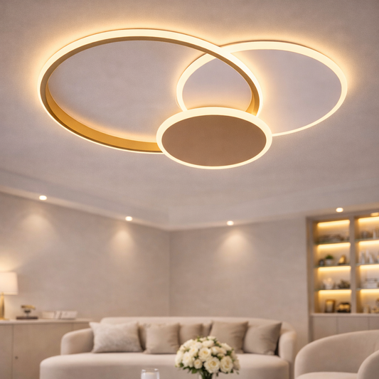 Żyrandol LED z pilotem KILLIAN 46W, 3 koła, światło zimne/ciepłe/neutralne 3000K/4000K/6000K, możliwość przyciemniania, złoto-białe Żyrandole LED z pilotem Domyślny tytuł Alessandro Design