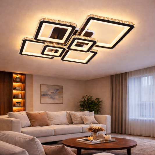 Żyrandol LED z pilotem i kryształem QUADRIS RGB 177W, 6 kwadratów, światło zimne/ciepłe/neutralne 3000K/4000K/6000K, możliwość przyciemniania, czarne, metalowe i kryształowe żyrandole LED z pilotem Domyślny tytuł Alessandro Design