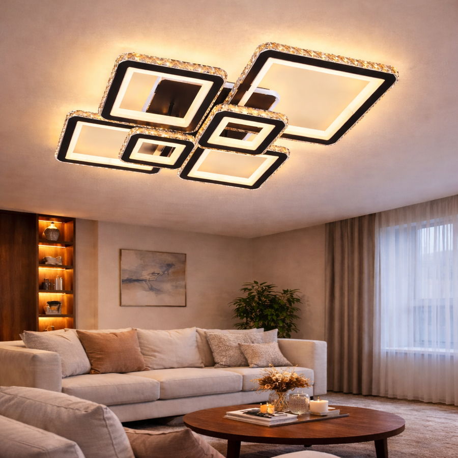 Żyrandol LED z pilotem i kryształem QUADRIS RGB 177W, 6 kwadratów, światło zimne/ciepłe/neutralne 3000K/4000K/6000K, możliwość przyciemniania, czarne, metalowe i kryształowe żyrandole LED z pilotem Domyślny tytuł Alessandro Design