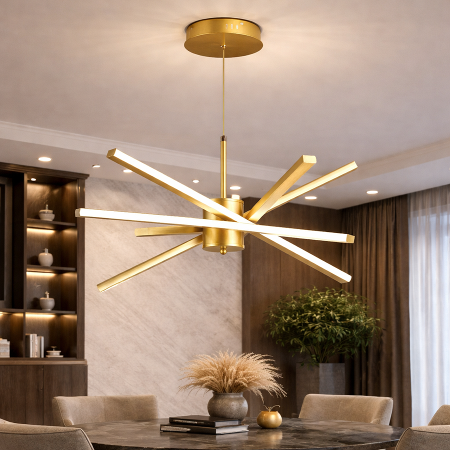 Żyrandol LED z pilotem LT176/5GD, 69W, 5 elementów, światło zimne/ciepłe/neutralne 3000K/4000K/6000K, możliwość przyciemniania, złoty, regulowana wysokość, metalowe i akrylowe Żyrandole LED z pilotem Domyślny tytuł Alessandro Design