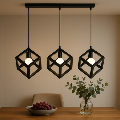 Żyrandol w kształcie sześcianu, STRUKTUR Linear Trio, 3x E27, czarny, metal