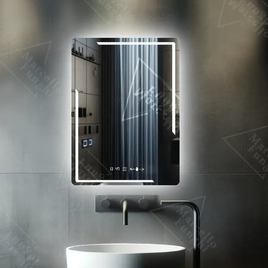 Prostokątne lustro LED, 60x80 cm, Rayonnement MotionGlow Marcello, system odmgławiania, zegar i termometr, przyciemniane lustra Marcello Domyślny tytuł Alessandro Design