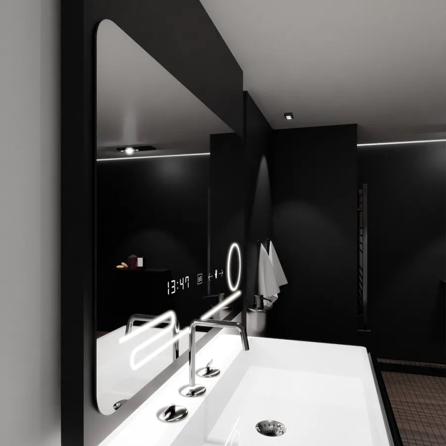 Prostokątne lustro LED, 100x60 cm, Harmonie MotionGlow Marcello, system usuwania zamglenia, zegar i termometr, lupa kosmetyczna, przyciemniane lustra Marcello Domyślny tytuł Alessandro Design