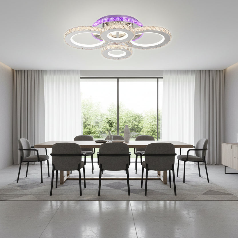Żyrandol LED z pilotem i kryształem NOVA ROTONDA RGB 82W, 4 koła, światło zimne/ciepłe/neutralne, możliwość przyciemniania, chromowane żyrandole i kryształy LED Domyślny tytuł Alessandro Design