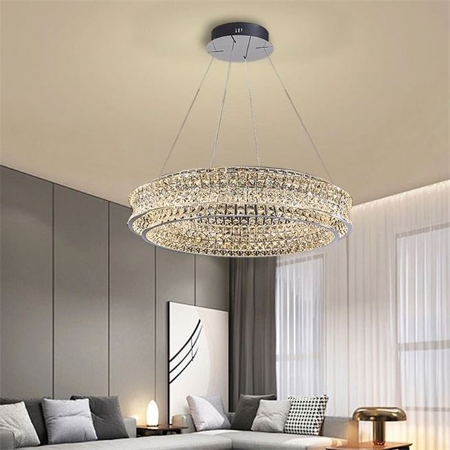 Żyrandol LED z pilotem, LLC160/500CH, kryształ i metal, 54W, 1 okrąg, możliwość przyciemniania, regulowana wysokość, światło zimne/ciepłe/neutralne, luksusowe oświetlenie Żyrandole LED z pilotem Domyślny tytuł Alessandro Design