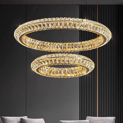 Żyrandol LED z pilotem, LLC132/300GD, kryształ i metal, 37W, 2 koła, możliwość przyciemniania, 3000K/4000K/6000K, luksusowe oświetlenie Żyrandole LED z pilotem Domyślny tytuł Alessandro Design