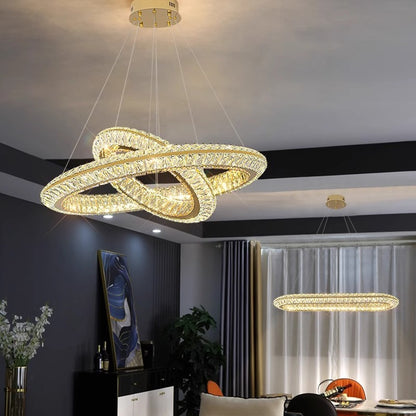 Żyrandol LED z pilotem, LLC132/300GD, kryształ i metal, 37W, 2 koła, możliwość przyciemniania, 3000K/4000K/6000K, luksusowe oświetlenie Żyrandole LED z pilotem Domyślny tytuł Alessandro Design