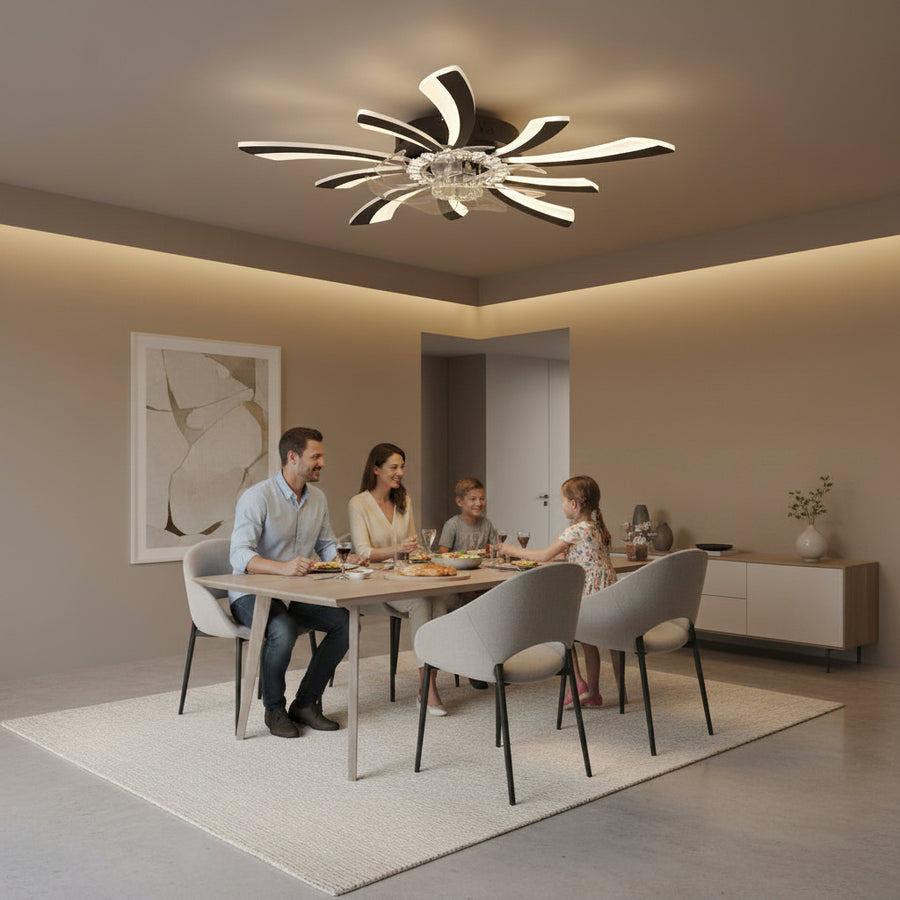 Żyrandol LED z wentylatorem VIRTULA z pilotem, 29 W, śr. 77 cm, światło zimne/neutralne/ciepłe, metal i plastik, czarny