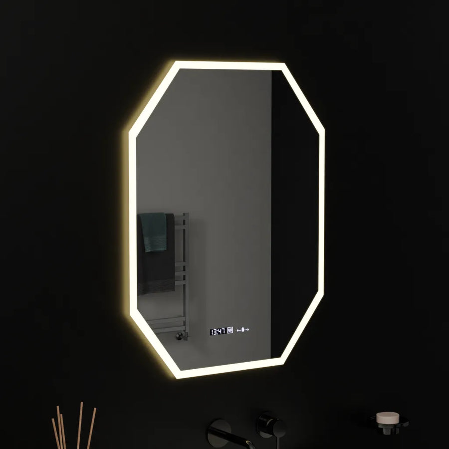 Wielokątne lustro LED, 60X80cm, czujnik światła Hexaluce Marcello MotionGlow, system usuwania zamglenia, zegar i termometr, lusterka Dimabila Marcello Domyślny tytuł Alessandro Design