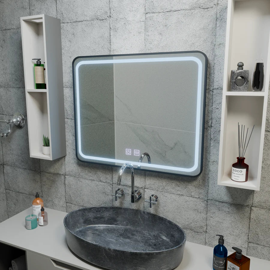 Prostokątne lustro LED 90x75cm EDGE Touch Demister System, lustra z czarną ramką Korman E Domyślny tytuł Alessandro Design