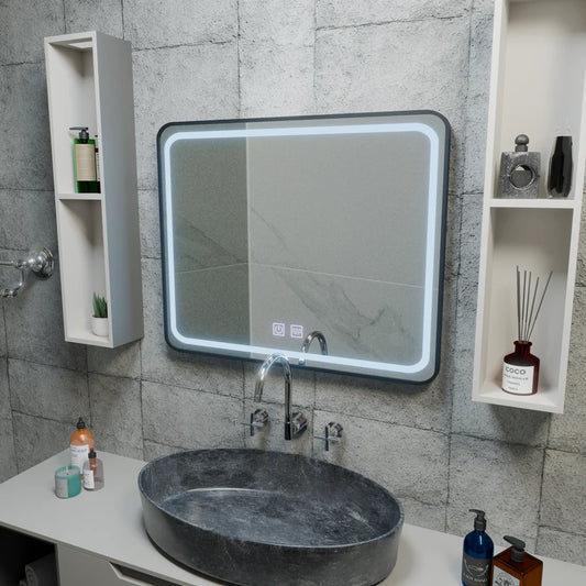 Prostokątne lustro LED 90x75cm EDGE Touch Demister System, lustra z czarną ramką Korman E Domyślny tytuł Alessandro Design