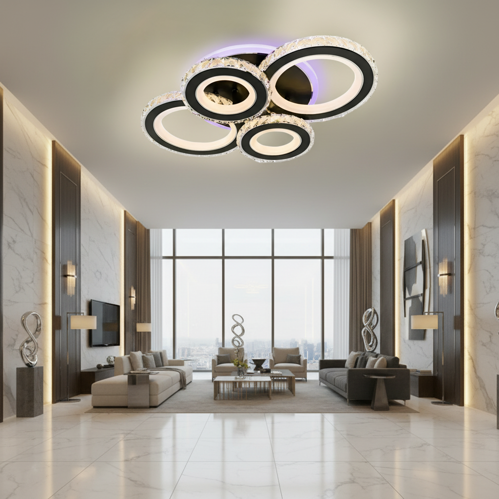 Żyrandol LED z pilotem i kryształem NOVA ROTONDA RGB 82W, 4 koła, światło zimne/ciepłe/neutralne, możliwość przyciemniania, czarne Żyrandole LED z pilotem Domyślny tytuł Alessandro Design