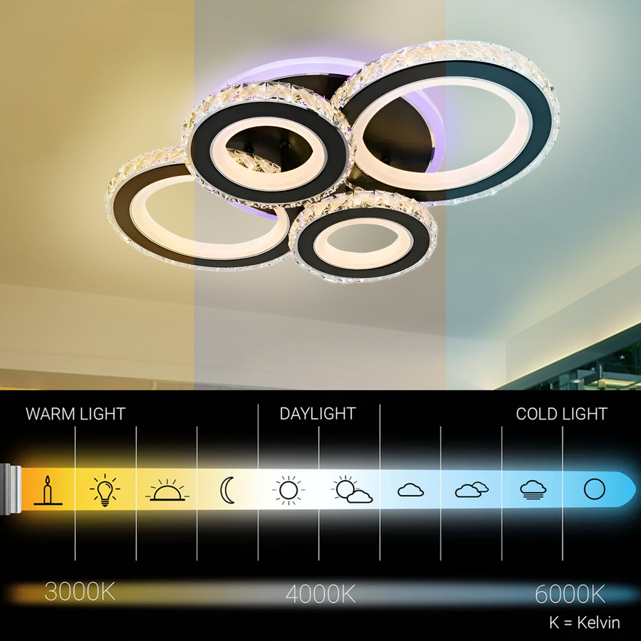 Żyrandol LED z pilotem i kryształem NOVA ROTONDA RGB 82W, 4 koła, światło zimne/ciepłe/neutralne, możliwość przyciemniania, czarne Żyrandole LED z pilotem Domyślny tytuł Alessandro Design