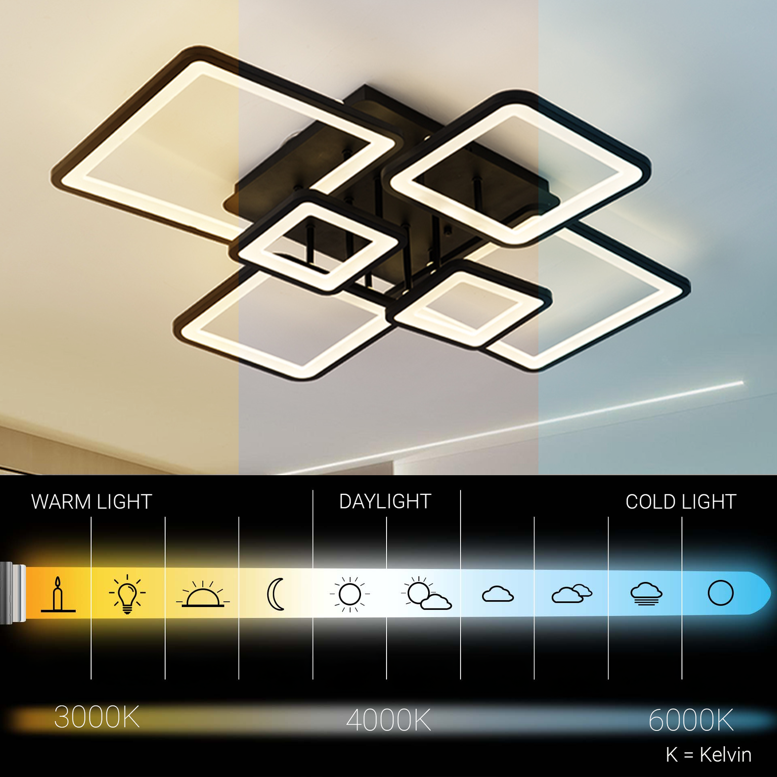 Żyrandol LED z pilotem ELLA 120W, 6 kwadratów, światło zimne/ciepłe/neutralne, możliwość przyciemniania, czarne, metalowe i akrylowe Żyrandole LED z pilotem Domyślny tytuł Alessandro Design