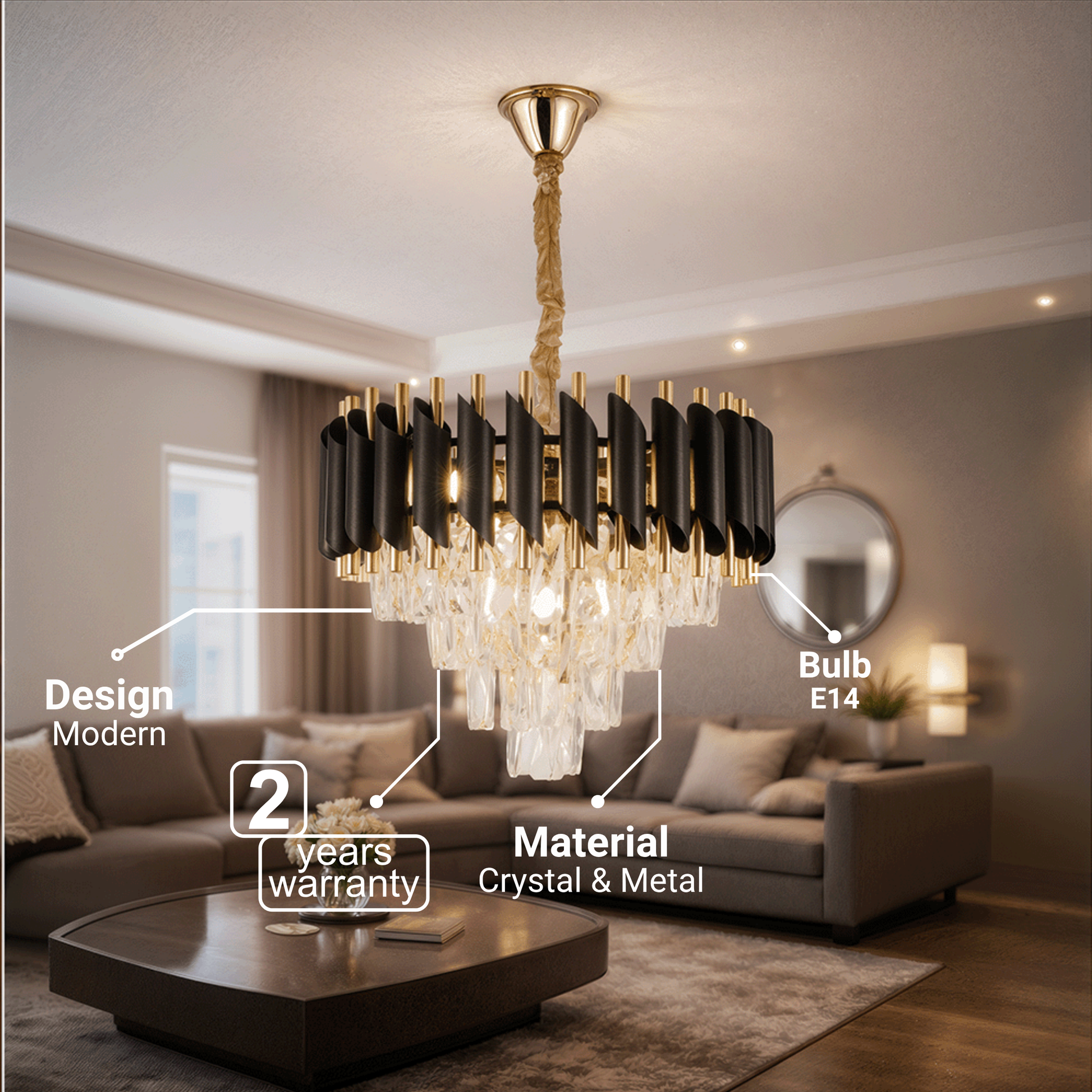 Żyrandol kryształowy VERSAILLES Nobile 5xE14, średnica 40cm, błyszczące złote i czarne żyrandole kryształowe Domyślny tytuł Alessandro Design