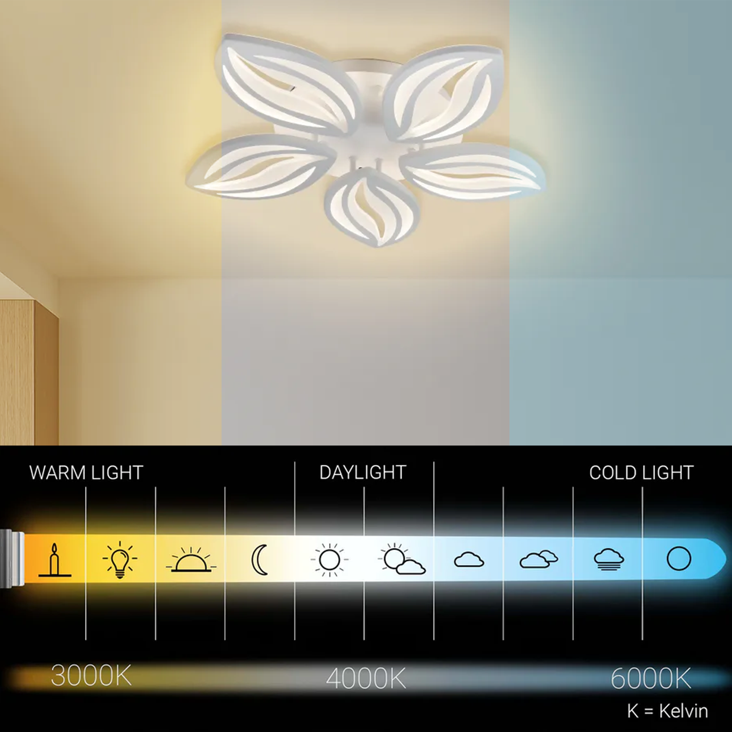 Żyrandol LED z pilotem ORCHID 66W, 5 płatków, światło zimne/ciepłe/neutralne, możliwość przyciemniania, biały żyrandol LED z pilotem Domyślny tytuł Alessandro Design