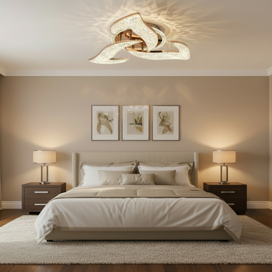 Żyrandol LED HALESA Elegance z pilotem i kryształem, 44W, 3 źródła, światło zimne/ciepłe/neutralne, możliwość przyciemniania, złoty