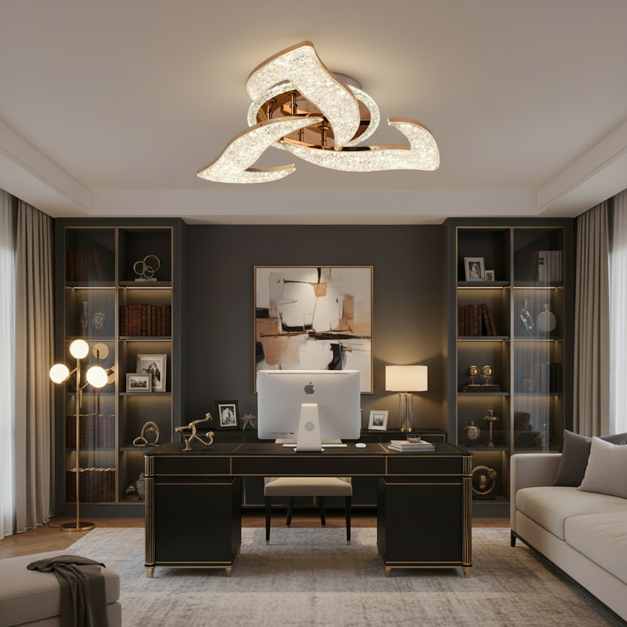 Żyrandol LED HALESA Elegance z pilotem i kryształem, 44W, 3 źródła, światło zimne/ciepłe/neutralne, możliwość przyciemniania, złoty