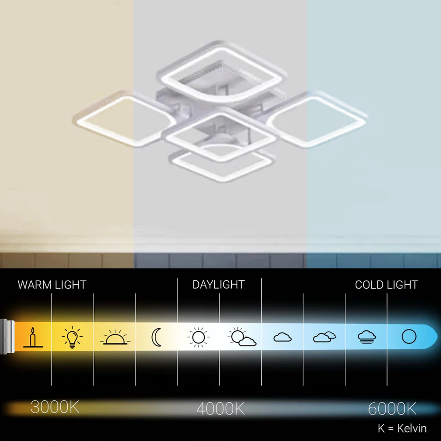 Żyrandol LED z pilotem ZOE 70W, 5 kwadratów, światło zimne/ciepłe/neutralne, możliwość przyciemniania, biały Żyrandol LED z pilotem Domyślny tytuł Alessandro Design
