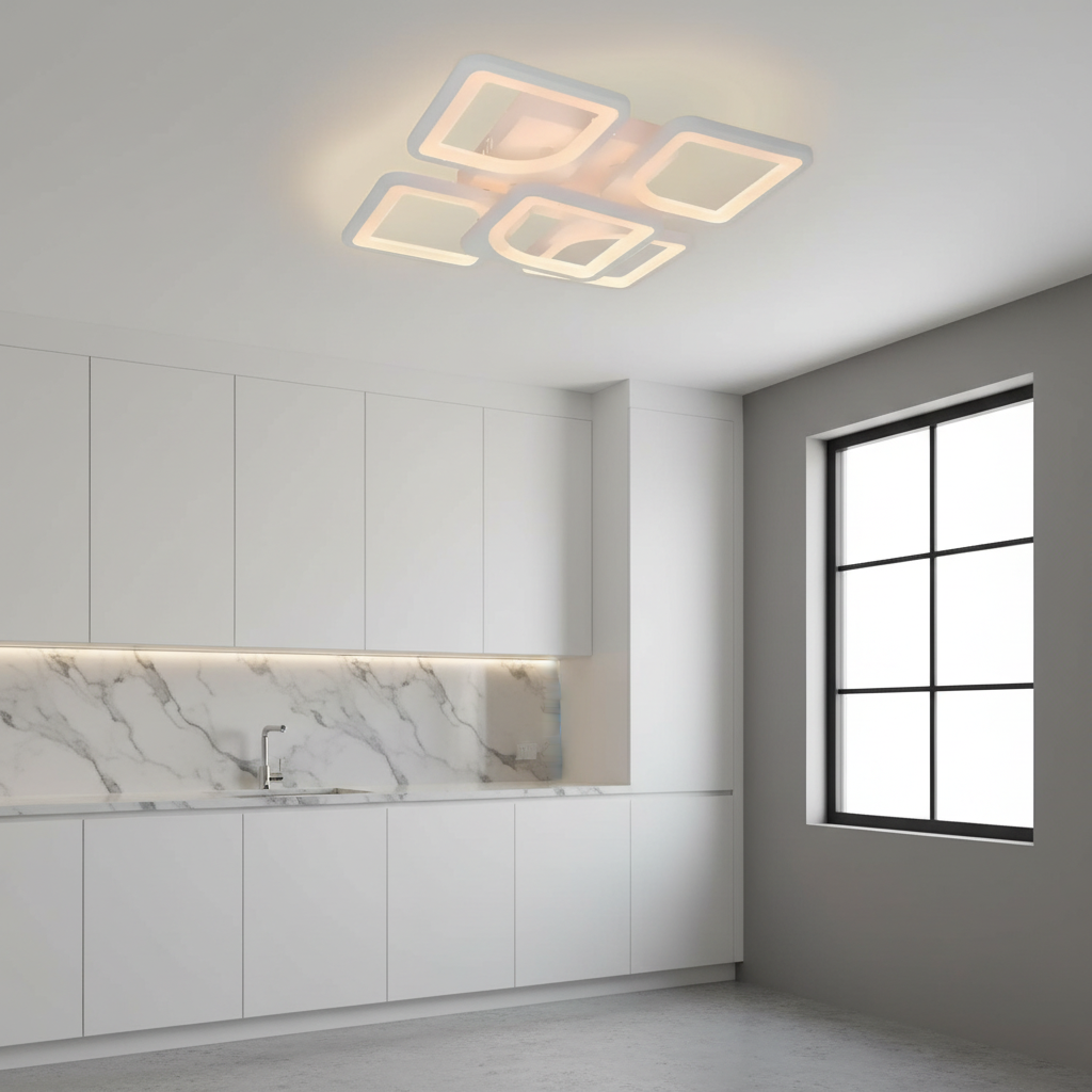 Żyrandol LED z pilotem ZOE 70W, 5 kwadratów, światło zimne/ciepłe/neutralne, możliwość przyciemniania, biały Żyrandol LED z pilotem Domyślny tytuł Alessandro Design
